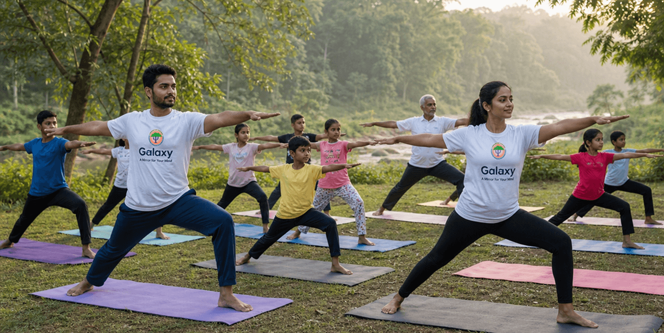 Galaxy community members practicing yoga together outdoors